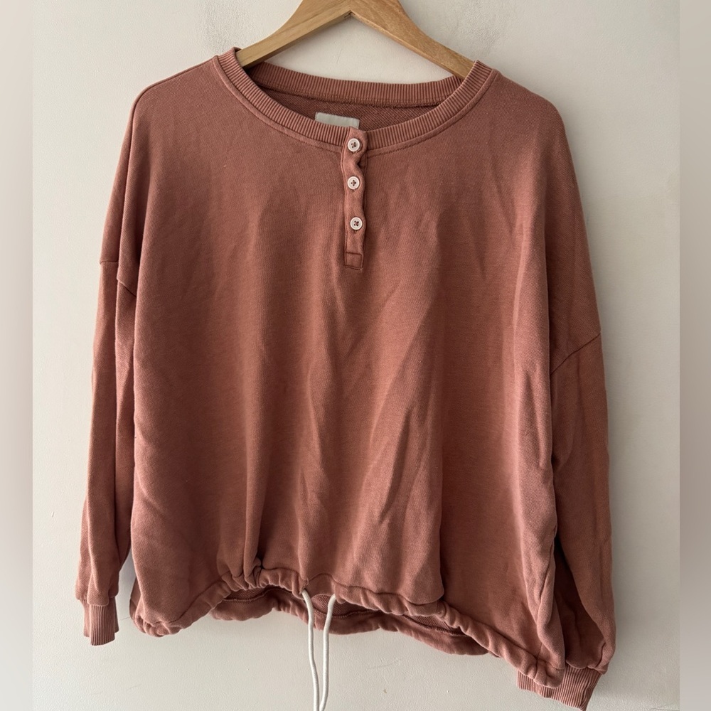 American Eagle Terracotta Brown Henley Style Tie Cinched Waist Crewneck Pullover